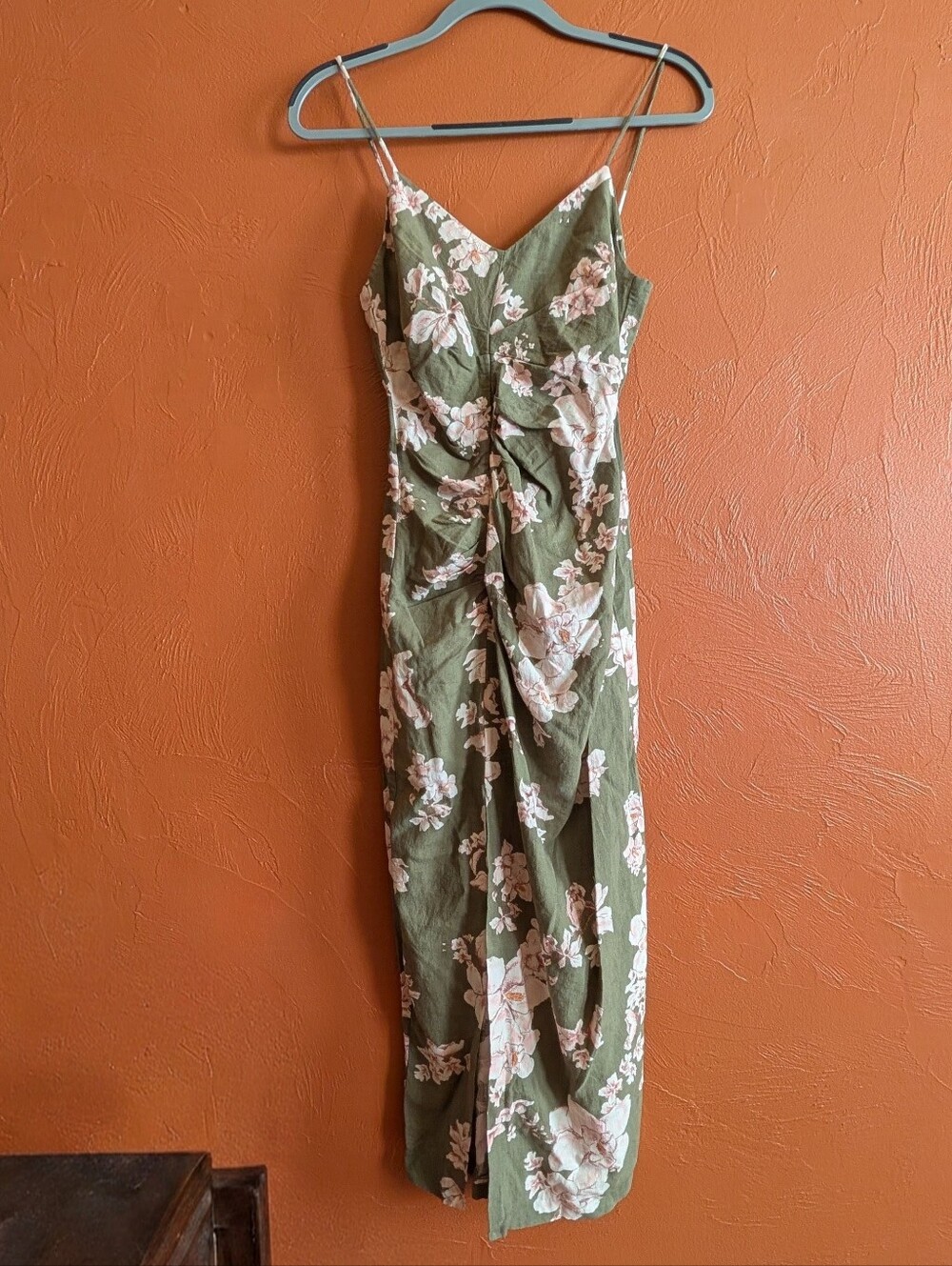 Zara Floral Olive Green Midi Dress with Ruched Front